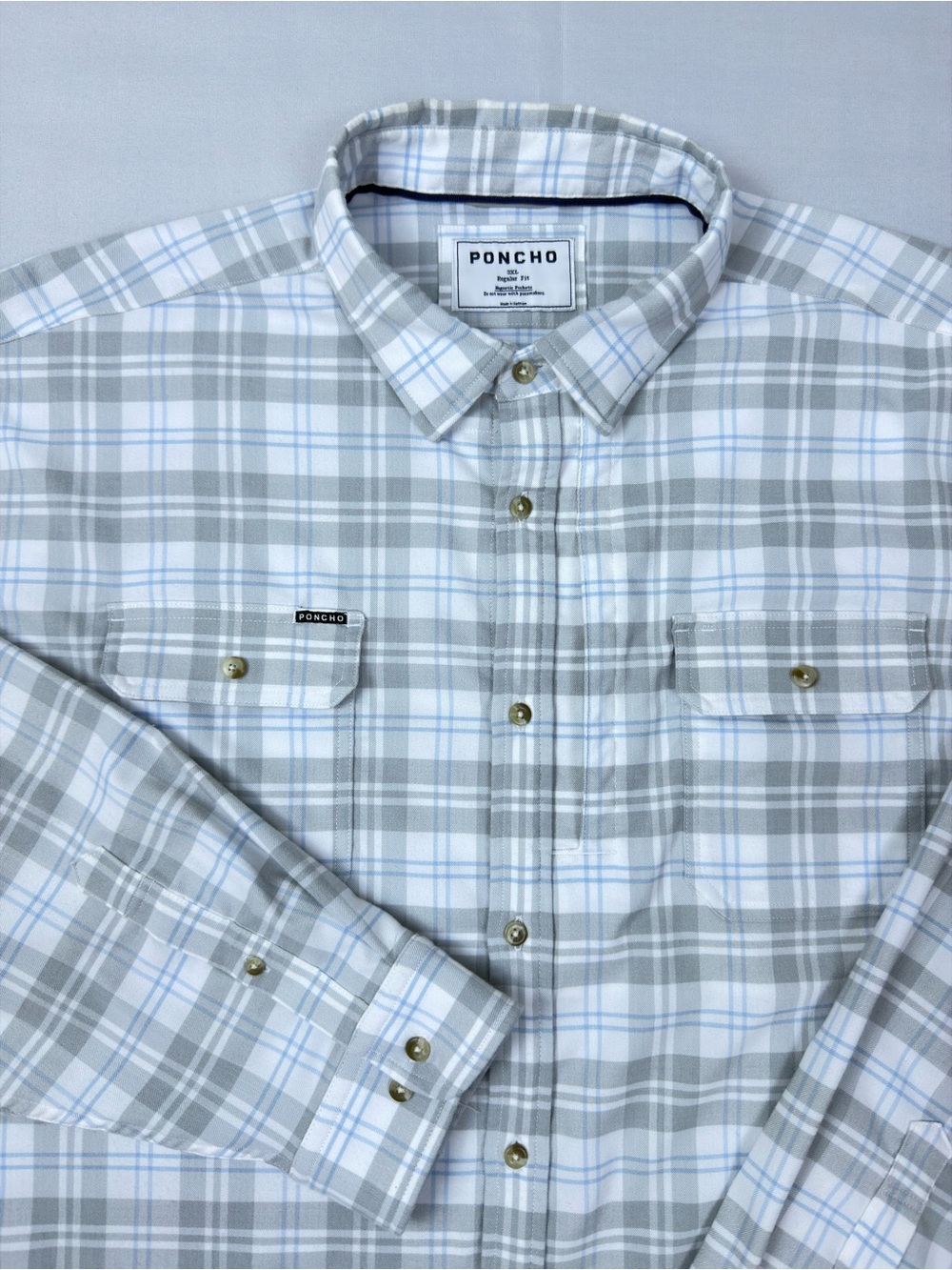 Poncho Outdoors Plaid Button Up Shirt Men 3XL Gray Blue Magnetic Pocket